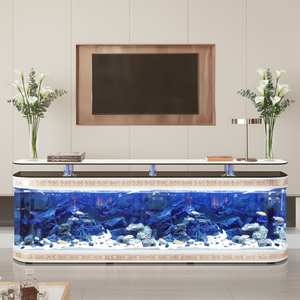 Support de télévision en verre sur pied - Forme d'angle personnalisée, filtration latérale/arrière, pour salon et bureau - Product Image 1