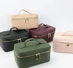 Custom High Quality Genuine Saffiano Leather Luxury Large Travel Makeup Case Cosmetic Bag With Zipper Top Handle