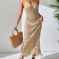 Robe maxi de plage à bretelles spaghetti en tricot à col en V, à découpes sexy, à franges, à la mode européenne et américaine, très vendue