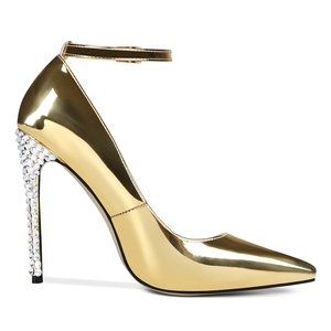 Escarpins dorés vernis grande taille 47 pour femme, sexy, à bride cheville, bout pointu, coupe large, ornés de diamants, talons aiguilles - Product Image 6