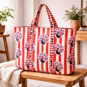 Bolso Tote de Algodón con Estampado de Pavo Real a Rayas, Estilo DE MAISON, con Cierre de Cremallera, Gran Capacidad, para Mujer, para Todas las Temporadas, para Compras - Product Image 1