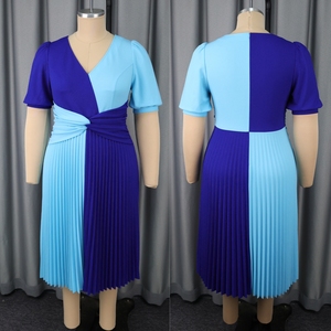 657 à la mode élégant col en V à manches courtes Patchwork torsion taille bleu une ligne plissée grande taille Midi formel femmes tenue décontractée - Product Image 3
