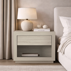 Nightstand In Whitewashed Oak With <b>Drawer</b> And Open Shelf <b>Storage</b> <b>For</b> Bedroom Use - Product Image 6