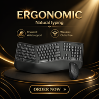 Keyboard Gaming Vertikal Ergonomis Nirkabel 2.4G dengan Mouse dan Sandaran Pergelangan Tangan, 104 Tombol Keyboard, Mouse 1600DPI yang Dapat Disesuaikan