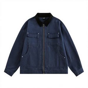 Blouson en jean bleu marine pour homme, décontracté, hiver, à capuche, entièrement zippé, antibactérien, respirant, doublure polaire écologique, gaufré - Product Image 1