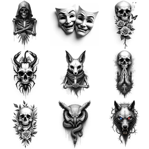 Tatuajes Temporales Realistas <span class=keywords><strong>de</strong></span> Calaveras, Manos en Oración, Lobo, Búho, Grim Reaper, Escorpión y Rosa en Negro y Gris para Adultos - Product Image 1