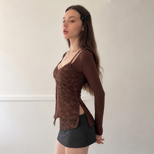 Women's <b>Y2K</b> Floral Layered Lace Trim Long Sleeve Cover up <b>Top</b> Stretchy Slim Fit Casual Streetwear Blouse Polyester Elastane - Product Image 3