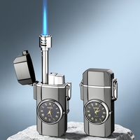 Briquet à allumage direct à flamme bleue en alliage, étanche au vent, télescopique, avec montre à quartz intégrée, anti-brûlure, allumage à une touche