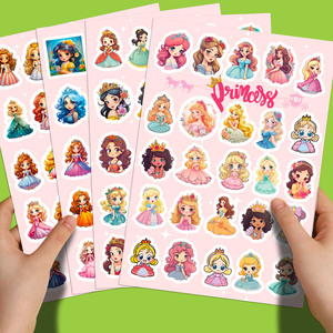 100 feuilles de stickers pour enfants DIY, série de feuilles plates Princesse Mignonne, motif petite princesse de dessin animé, pour le marché international, 4 feuilles/paquet - Product Image 1