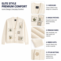 Cardigan en tricot 100 % coton pour homme FNJIA, col en V, broderie florale cactus, manches longues, coupe ample