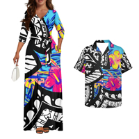 OEM Chemise hawaïenne Luau de haute qualité et robe longue assorties pour couple en polynésien Hibiscus bleu vêtements assortis pour couple vintage