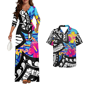 Camisa Luau hawaiana emparejable de alta calidad OEM y vestido largo en azul hibisco polinesio Vintage para parejas <span class=keywords><strong>ropa</strong></span> a juego - Product Image 2