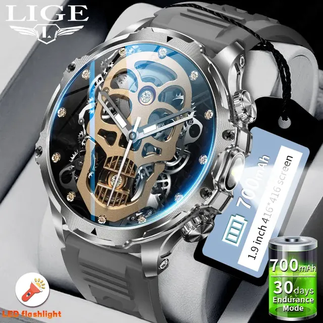 LIGE 700mah Large Battery Flashlight Smart Watch 1.9inch Men Outdoors Sports Fitness Tracker BT Calling LED Light Smartwatch New
