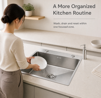 Évier de cuisine simple en acier inoxydable argenté avec distributeur de savon, panier de vidange et kit de récupération des déchets, rebord large, OEM ODM, fourniture B2B