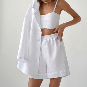 OEM <span class=keywords><strong>donna</strong></span> 2 pezzi abiti Casual cotone gamba larga pantaloncini Set manica lunga sciolto Top <span class=keywords><strong>donna</strong></span> estate bianco pantaloncini di <span class=keywords><strong>lino</strong></span> abiti - Product Image 4