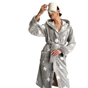 <span class=keywords><strong>Flanell</strong></span> Verdickter Bedruckter Luxuriöser Locker Sitzender Winter-Nachthemd Langärmeliger Doppelseitiger Fleece-Kapuzenbademantel mit Bindegürtel Warm - Product Image 5