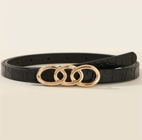 Ceinture fine vintage HQ en alliage de zinc noir avec texture classique effet crocodile et boucle triple anneau entrelacée en or poli