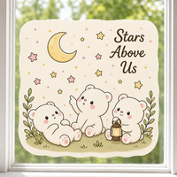 Autocollants personnalisés imperméables en PVC vinyle, motif ours kawaii et lune, pour fenêtre, imprimés UV, électrostatiques, décoratifs pour verre et mur