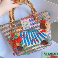 Sac fourre-tout vintage rayé en nylon tressé avec pendentif chien, pour femme