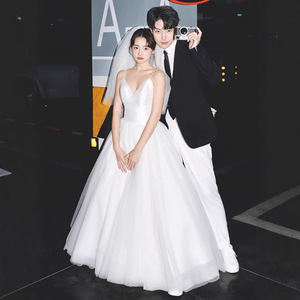 White Dress for Engagement Pictures - Floor-Length Satin Gown