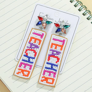 Pendientes de cuentas de arroz y estrella tejidos a mano, joyería de latón delicada con forma geométrica de circón de color para regalos de agradecimiento al Maestro - Product Image 1