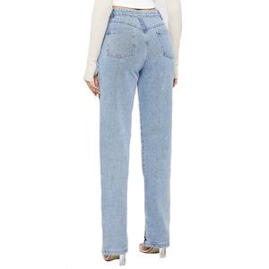 Jean droit bleu moyen personnalisé pour femme, pantalon en denim boutonné style mom - Product Image 4