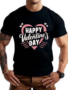 T-Shirt da Uomo in Cotone con Stampa 'Happy Valentine's Day', Collo Tondo, Manica Corta, Vestibilità Regolare, Abbigliamento Casual, Stile Primavera-Estate - Product Image 1