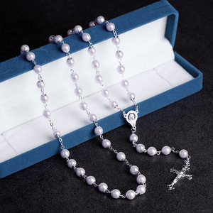 Collier Chapelet Catholique Religieux avec Perles en Verre Imitation Perle 8mm et Crucifix, Bijou <span class=keywords><strong>de</strong></span> <span class=keywords><strong>Prière</strong></span>, Cadeau - Product Image 3