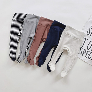 Pantalon long unisexe pour bébés et tout-petits INS Printemps/Automne, taille haute, à pieds, rayé, couleur unie, en coton doux, coupe ample - Product Image 1