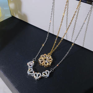 Collier tendance à quatre cœurs géométriques, plaqué or 18 carats, en acier inoxydable, avec zircon et trèfle à quatre feuilles, vente chaude - Product Image 1