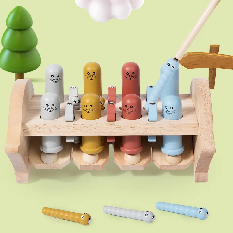 3 en 1 juguetes de madera Montessori Whack-A-Mole juego martilleo golpeando juguete con pájaro carpintero pesca actividades para niños pequeños para bebé