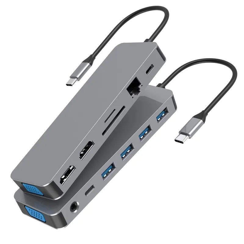 Adaptor Multiport, 13-in-1 100w Pd 4usb port Tf/sd Tipe C dengan tampilan tiga 2 Hdmis Vga Gigabit Ethernet Hub Monitor ganda