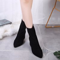 Bottes d'hiver mi-mollet pour femme, à bout pointu, talon épais, chaudes, en PU, noires, tendance, rehaussantes