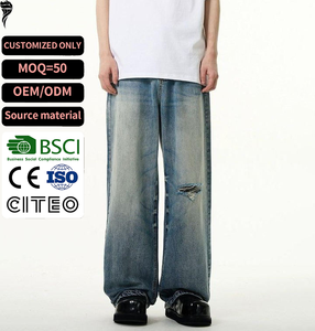 Vaqueros de mezclilla lavados a la piedra de pierna ancha, tiro medio, corte holgado, rasgados y desgastados, de algodón, estilo urbano, pantalones para hombre OEM ODM - Product Image 1