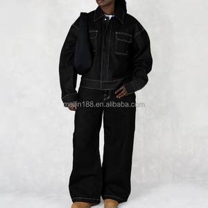 Ensemble de survêtement unisexe en jean noir délavé, coupe oversize, deux pièces, pour homme, par un fabricant de denim tendance - Product Image 1