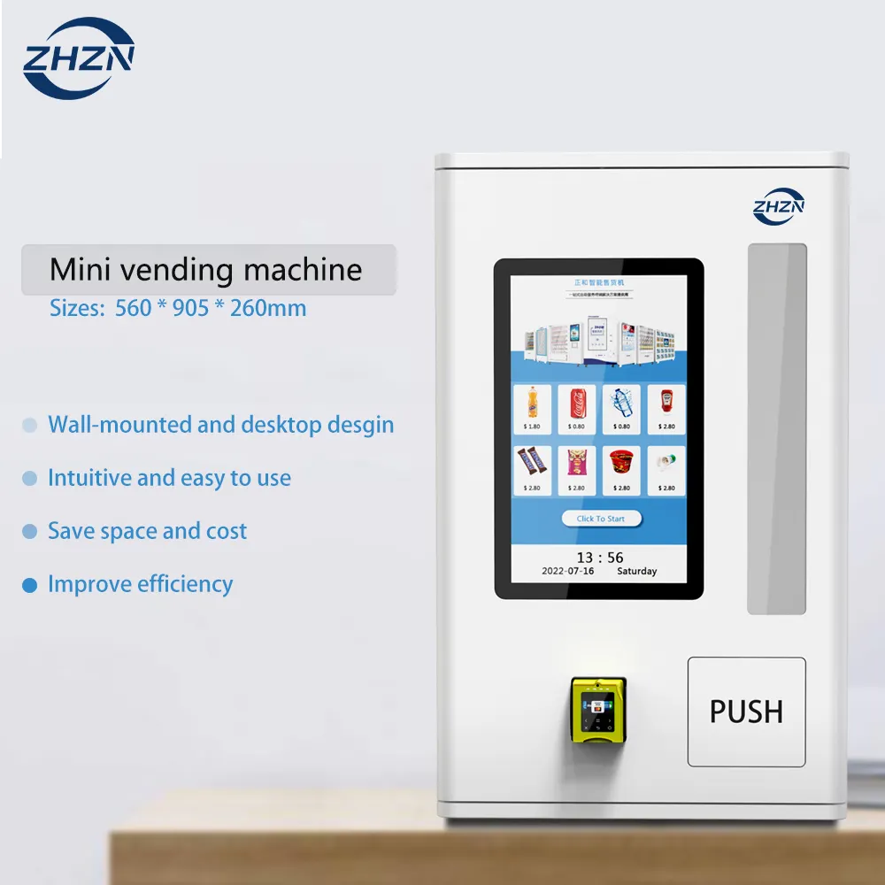 آلة بيع التبضع الذكية الصغيرة المثبتة على الحائط بشاشة رقمية 21.5 بوصة تعمل باللمس، آلة بيع التبضع الذكية للمواد الصغيرة للسجائر والفيب