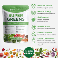 Mélange de boissons Super Greens Super Aliments à marque privée, champignons, probiotiques, fibres, santé intestinale, énergie naturelle, poudre verte propre