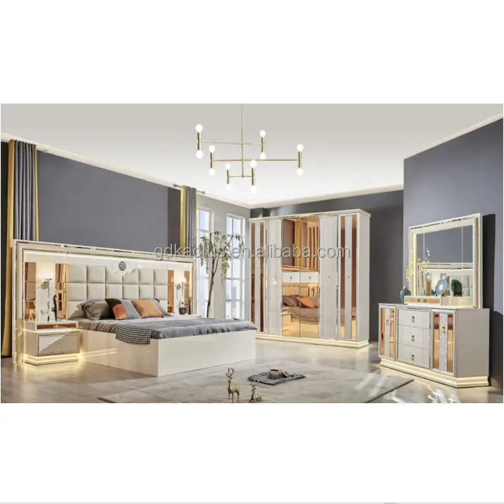 2023 yeni kral modern aynalı başlık yatak odası takımı ayna başlık ile parlak beyaz yatak odası mobilya set