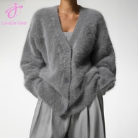 Loveda Großhandel Benutzerdefiniertes Logo Damen Herbst Winter Weicher Warmer Einfarbiger V-Ausschnitt Gestrickter Langarm-Pullover Strickjacke
