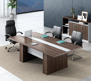 طاولة مؤتمرات تنفيذية حديثة بأرجل من الفولاذ المقاوم للصدأ ولوح معدني وخشب البلوط الذهبي، أثاث مكتبي تجاري للمنزل والفندق - Product Image 2