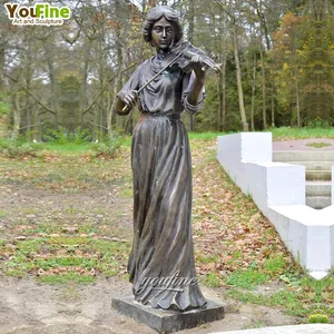 Dame Spelen Viool Levensgrote Sculptuur Westerner Bronzen Vrouw Standbeeld