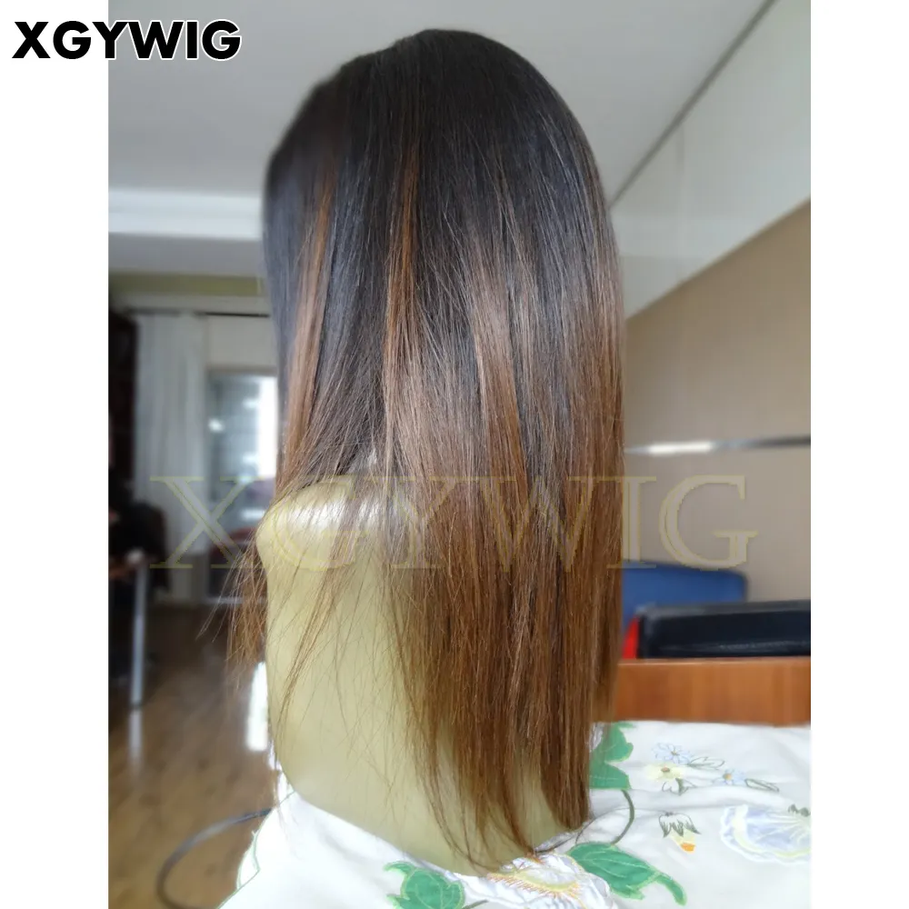 สต็อก10 "-30" ทรงผมที่มีชื่อเสียง T1B/4 Ombre สีทูโทนเนียนตรงเวอร์จินบราซิลมนุษย์ผมเหนียววิกผมลูกไม้เต็มรูปแบบ