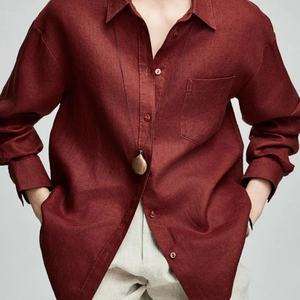 Nouvelle Arrivée Blouse Décontractée Style Rétro à Manches Longues Col en V Chemise Plissée Décontractée en Lin Uni pour Femme - Product Image 6