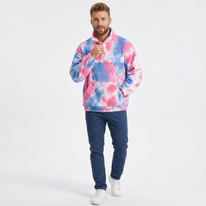 Men's Tie-Dye Fleece Quarter <b>Zip</b> Pullover Hoodie Regular Fit Casual Stand Collar Long Sleeve Blue Pink White Pattern - Product Image 1