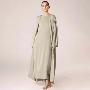 Custom Premium Moslim Frauen Muslimisches Kleid Ronde Hals 2 Stuk Open Abaya Jurken Set Vrouwen