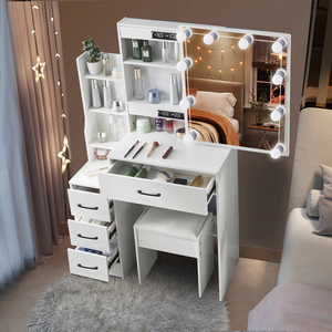 Table de toilette en bois pour chambre à coucher avec miroir, MDF, avec lumière - Grande table de toilette, bureau - Product Image 1