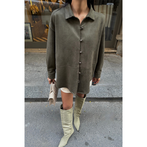 Chemise en daim pour femme, kaki, boutonnée, style décontracté, simple, tendance, chemisier - Product Image 4