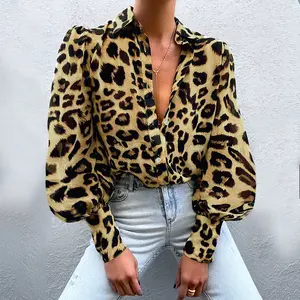 Осень 2021 Новый женский модный детский костюм леопардовой расцветки; Пикантные отворотом пузырь, Повседневная рубашка с длинными рукавами