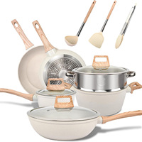 Batterie de cuisine 12-21 pièces en alliage d'aluminium, antiadhésive, avec casseroles, poêles, poêle à frire à fond plat, wok et marmite, pour usage domestique complet