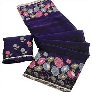 Sari de Seda Suave con Bordado Multihilo, Diseño Pichwai de Flor de Loto, Borde Festoneado, para Fiestas, Estilo Bollywood - Product Image 1